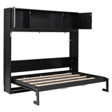 Merax Queen Size Murphy Bed with Storage Cabinets, Rustic Solid Wood Wall Bed with 3 Cabinet Shelves, Space Saving Foldable Bed Frame for Studio Apartment, Guest Room, Home Office, Black Merax