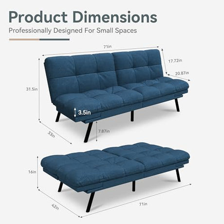 AMICLIBER Futon Sofa Bed Convertible Couch, Blue Linen Sofa Bed with Memory Foam, Adjustable Backrest & Armrests, Multifunctional Small Loveseat Sleeper Sofa for Living Room, Apartment, Office AMICLIBER