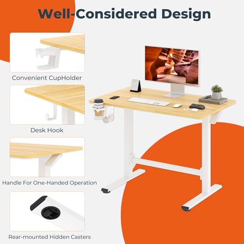 FitStand Pneumatic Standing Desk, 39.4" x 23.6" One-Piece Adjustable Height Home Office Desk, Rolling Computer Workstation with Hooks & Cup Holder,2 Rear-Mounted Hidden Casters, Maple FitStand