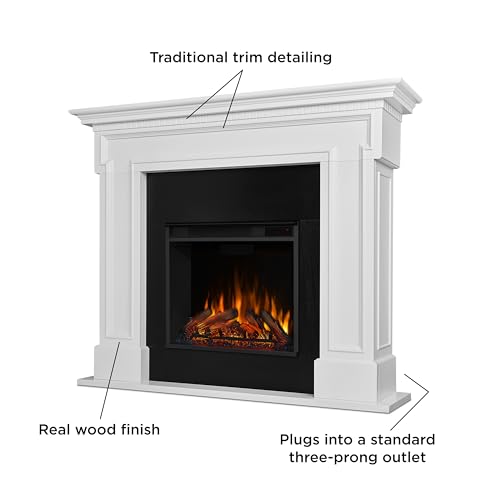 Real Flame Thayer 55” Electric Fireplace with Mantel for Living Room or Bedroom, Replaceable Fireplace Insert Heater, Realistic Log and Flame Effect, Remote Control, Timer, White Real Flame