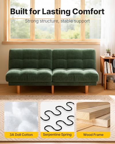 AMADA HOMEFURNISHING 65" Futon Sofa Bed, Convertible Futon Couch with Adjustable Backrest, Ergonomic Recliner Sleeper Sofa with Corduroy Fabric for Living Room, Office, Guest Room (Green) AMADA HOMEFURNISHING