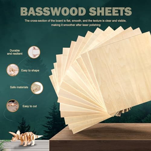 24 Pack 12"x12"Basswood Sheets 1/8",3mm Basswood for Laser Cutting,3mm Plywood Unfinished Wood Craft Wood for DIY Ornaments and Models Drawing Painting Engraving Wood Burning and Laser Cutting QSJQllo