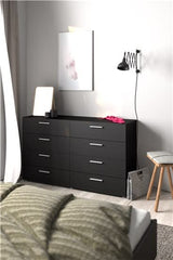 Tvilum, 8 Drawer Double Dresser, Bedroom, Modern Silver Drawer Handles, Contemporary, Black Tvilum