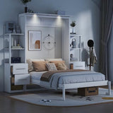 Merax Full Size Murphy Bed with 4 Storage Drawers, Wall Murphy Bed Full with Shelves and LED Lights, No Box Spring Needed, White Merax