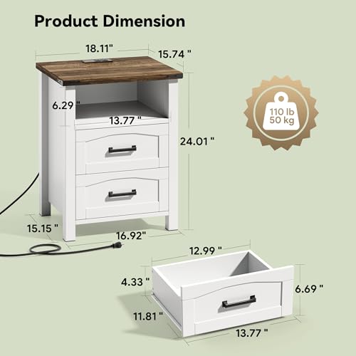 Decofy Farmhouse Nightstand Set of 2 with Charging Station, 18'' Wide Rustic End Table with USB/Type-C Ports, 2 Drawers & Open Shelf, Wood Bedside Table for Bedroom, White Decofy