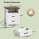 Decofy Farmhouse Nightstand Set of 2 with Charging Station, 18'' Wide Rustic End Table with USB/Type-C Ports, 2 Drawers & Open Shelf, Wood Bedside Table for Bedroom, White Decofy