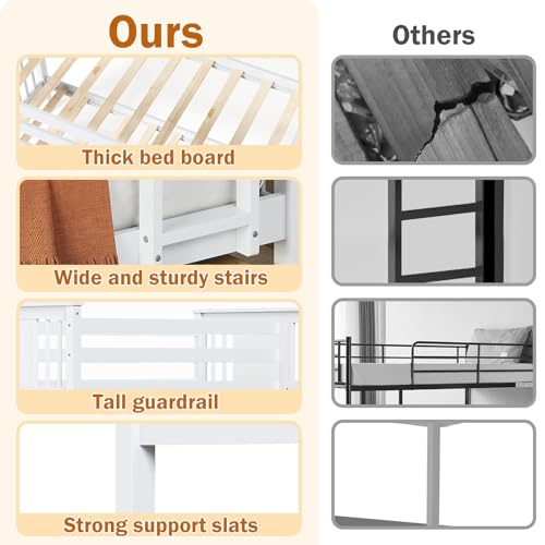 FUQARHY Bunk Bed Twin Over Twin with Storage Drawers, White Convertible Wood Twin Bunk Beds with Ladder and Safety Guardrail, No Box Spring Needed (White) FUQARHY