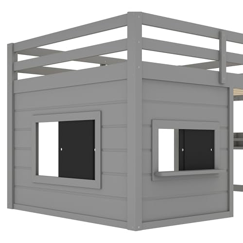 Bellemave Full Size Loft Bed for Kids with Sliding Chalkboard & Bookshelf, Sturdy Wooden Full Loft Bed Frame with Safety Guardrails, Space Saving Kids Loft Beds with Under-Bed Play Space, Grey Bellemave