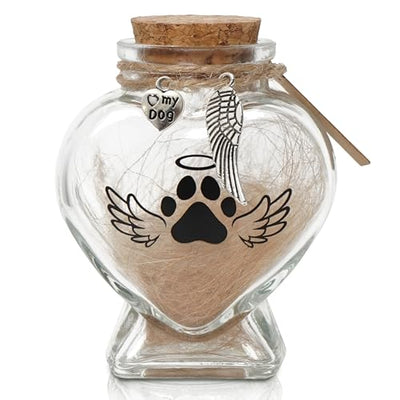 HAMUIERS Pet Memorial Gift for Loss of Dog or Cat, Heart Shape Glass Jar & Bottle for Fur, Hair, Whiskers or Ashes Keepsake Urn with Cork Top, Charms for Cute Rainbow Bridge Memorial, Dog