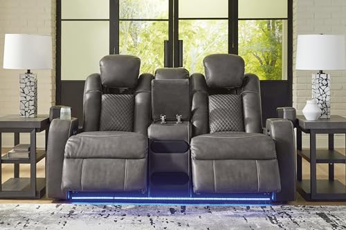 Signature Design by Ashley Fyne-Dyme Contemporary Power Reclining Loveseat with Console, USB Charging Ports and Adjustable Headrest, Gray Signature Design by Ashley
