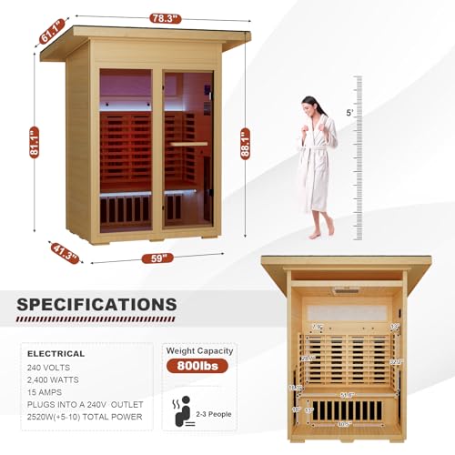 MEISSALIVVE Infrared Sauna, Full-Spectrum Infrared Outdoor Saunas for Home - Dry Heat Sauna, Wooden Sauna Room with Beauty Lamp (Outdoor Sauna 2 Person) MEISSALIVVE