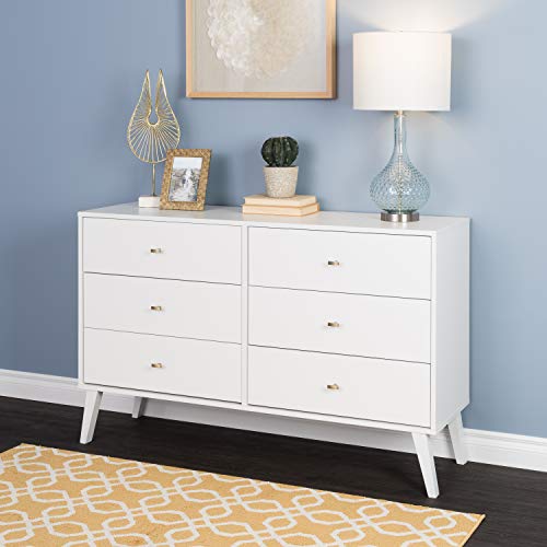 Prepac Milo Mid-Century 6 Drawer Double Dresser For Bedroom, 16" D x 52.50" W x 33" H, White - WoodArtSupply