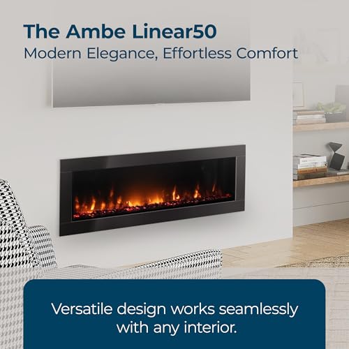 Ambe Linear 50" Electric Fireplace | Hidden Vent Design | Large & Deep Log Display | Recessed or Built-in | 5 Customizable Fuel Beds | Fireplace Insert 750W/1500W Heater | Trim or Frameless Ambe