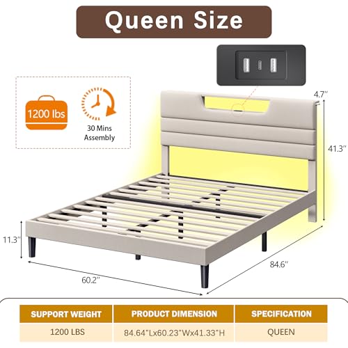 OURPIC Queen Size Bed Frames with Upholstered Headboard, Modern Platform Bed with Charging Station and Led Lights, Bed Frame with Sturdy Wooden Slats/No Box Spring Needed/2-Tier Storage, Beige OURPIC