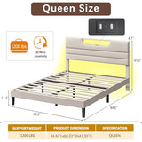 OURPIC Queen Size Bed Frames with Upholstered Headboard, Modern Platform Bed with Charging Station and Led Lights, Bed Frame with Sturdy Wooden Slats/No Box Spring Needed/2-Tier Storage, Beige OURPIC