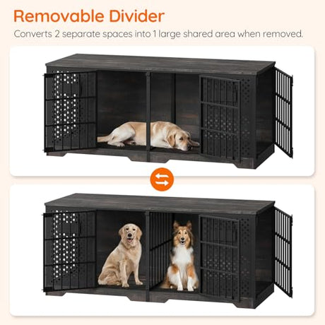 HOOBRO 71" Dog Crate Furniture for 2 Large Dogs, Heavy Duty Indoor Kennel with Removable Divider & Name Tags, TV Stand Cage Furniture for Medium & Large Dogs, Charcoal Gray & Black BC84GW03 HOOBRO