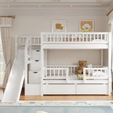 Merax Bunk Bed Twin Size with Drawers, Slide and Storage Stairs, Solid Wood Bunk Bed Frame with Fence for Kids Teens, No Spring Box Required, No Squeaks,White Merax