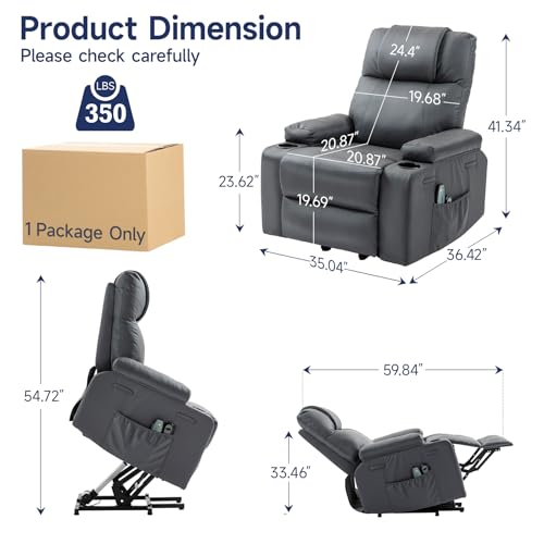 Brage Living Power Lift Recliner Chair for Elderly with Massage & Heat, 160° Adjustable PU Leather Electric Recliner with Remote, Cup Holders, Side Pockets, and Stand Assist for Living Room (Grey)