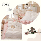 Pink Floral Duvet Cover Queen Chic Flower Print Ruffle Duvet Cover Cotton Lace Comforter Cover Country Style Floral Bedding Set Girls Ruffle Comforter Cover Flower Queen Duvet Cover with 2 Pillowcases LifeTB