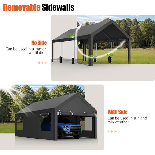 JAMFLY Carport, 12x20 ft Heavy Duty Carport with Roll-up Windows, Portable Garage with Removable Sidewalls & Doors, Car Canopy with Sandbags and All-Season Tarp for Car Boat Truck Motorcycle, Grey JAMFLY