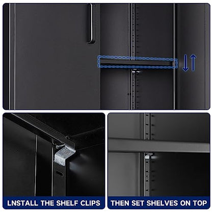 Yizosh Metal Storage Locking Cabinet with 4 Doors and 2 Adjustable Shelves,71" Lockable Garage Tall Steel Cabinet,for Home Office,Living Room,Pantry,Gym,Commercial Storage (Black) - WoodArtSupply