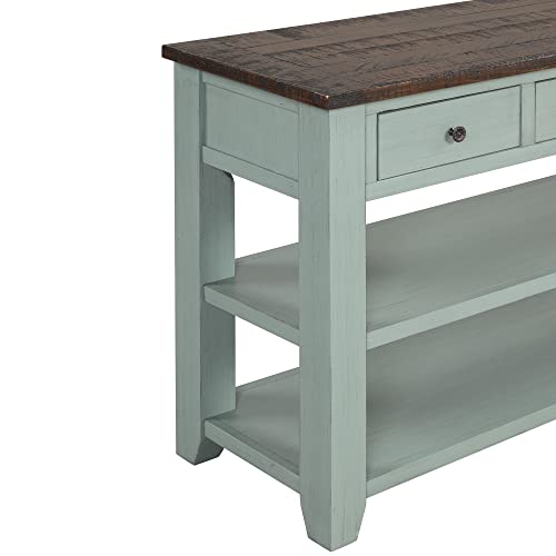 Knocbel Wood Console Table with 3 Drawers and 2 Shelves, Vintage Sofa Tables with Solid Pine Frame and 4 Legs for Entryway Hallway Living Room, 48.82" W x 15.75" D x 30" H, Retro Blue&Brown Top Knocbel