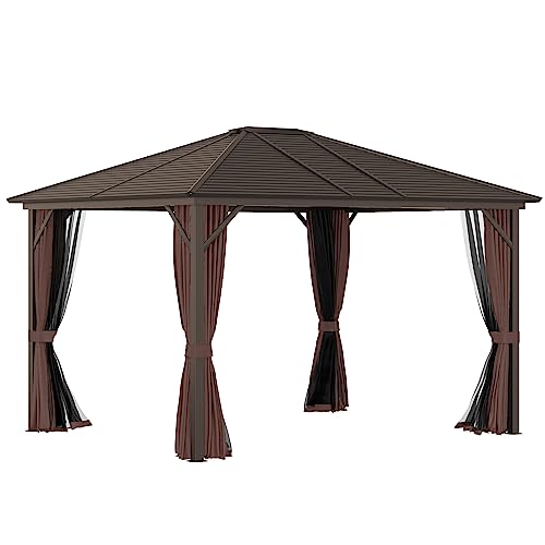 Outsunny 10' x 12' Hardtop Gazebo with Curtains and Netting, Permanent Pavilion Metal Single Roof Gazebo Canopy with Aluminum Frame and Hooks, for Garden, Patio, Backyard, Brown Outsunny