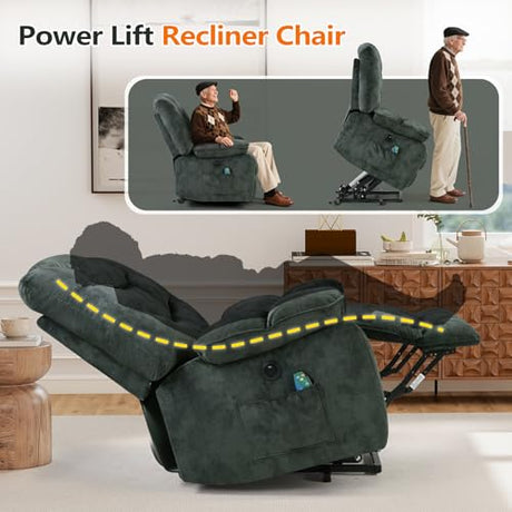 HAOMARKETS Oversized Power Lift Recliner with Massage and Heat for Elderly, Electric Lifting Reclining Chair with Side Pockets and USB Port for Living Room, Dark Green HAOMARKETS