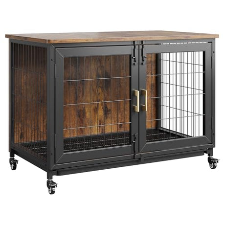 37.5 Inch Wooden Dog Crate with Wheels - Furniture Style Pet Kennel for Small to Medium Dogs Up to 66 Lbs - Multi-Purpose Removable Tray, Decorative Indoor Dog House, Sturdy & Stylish Design Hipicute