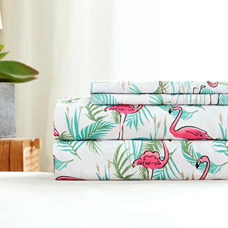 Twin Bed Sheets Set 3PC - Soft Cooling 1800 Thread Count Microfiber Flamingo Plants Boho Printed Sheet, 8 - 17 Inch Deep Pocket Hypoallergenic, Wrinkle Free, Machine Washable Patterned Single Bedding KACEMOO