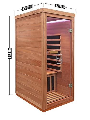Haoyao Indoor Infrared Hemlock & Okoume 1100W 1-Person MINI Sauna with LED Lights, Bluetooth Speakers – A Gift for Parents or Friends Haoyao
