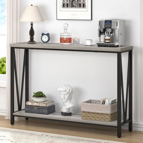 FOLUBAN Industrial Sofa Console Table, Rustic Wood and Metal Entryway Hallway Table for Living Room Entrance, 43.3 Inch Light Grey FOLUBAN
