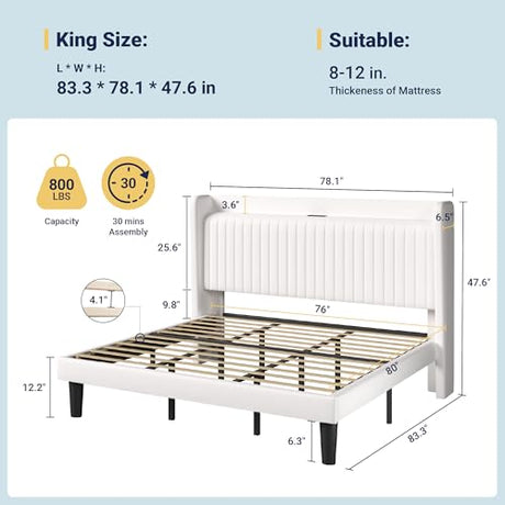 Allewie King Size Platform Bed Frame with USB Charging Station and Storage Shelf/Upholstered Velvet Wingback Headboard/Wooden Slats Support/No Box Spring Needed/Easy Assembly, White Allewie