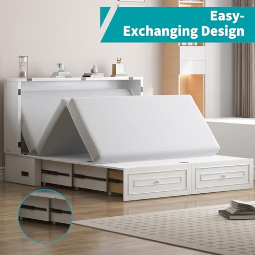 BALUS 63.4" W Queen Size Murphy Bed Cabinet with Tri-Folding Mattress and Storage Drawers, Modern Adults Chest Cube Cabinet Bed with Built-in USB Charging Station for Living Bedroom Apartment, White BALUS