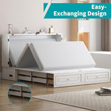 BALUS 63.4" W Queen Size Murphy Bed Cabinet with Tri-Folding Mattress and Storage Drawers, Modern Adults Chest Cube Cabinet Bed with Built-in USB Charging Station for Living Bedroom Apartment, White BALUS