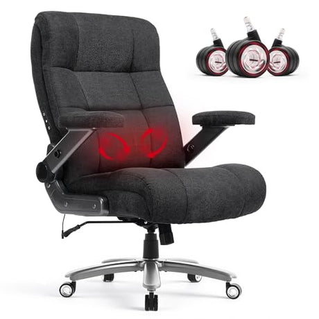 600LBS Big and Tall Massage Office Chair, Extra Wide Seat - 3D Kneading Massage & Heat Office Chair with Heavy Duty Metal Base, 3D Flip Arms, Fabric Ergonomic with Thick Spring Cushion CHAIRKER