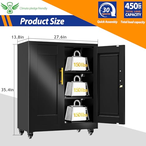 GAIOUS Metal Storage Cabinet with Lock and Wheels, Steel Office Cabinet with 2 Door and 2 Adjustable Shelves, 35” Tall Lockable File Cabinet, Garage Cabinet, Rolling Cabinet for Home Office - Black GAIOUS