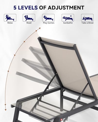 FHVIT Aluminum Chaise Lounge Chair Outdoor, Foldable Patio Lounge Chair Assemble-Free, Pool Lounge Chairs with 5 Adjustable Backrest, Outdoor Lounge Chairs for Outside Poolside Beach Lawn Beige FHVIT
