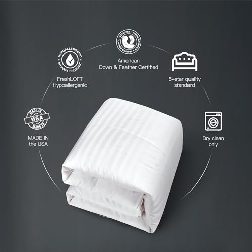Hotel Grand Luxury White Down Comforter Twin Size, 600 Fill Power All Season Down Duvet Insert Twin, 500 Thread Count 100% Cotton Hotel Bedding Comforters with Stripe Pattern, Made in USA 68x90 Inch Hotel Grand