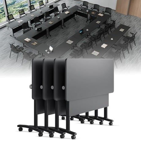 Folding Conference Table On Wheels, 10 Pack Modular Modern Conference Room Table 8-16 People Rolling Meeting Table for School Office (4, Black, 47.2" D X 23.6" W X 29.5" H) robwibw