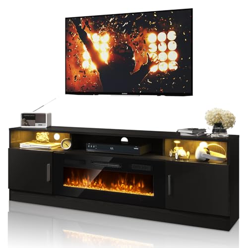 Breezestival 70" Fireplace TV Stand with Two Hinged Doors for TVs UP to 80", Electric Fireplace Entertainment Center with LED Lights & Storage Cabinets, TV Console for Living Room, Black Breezestival