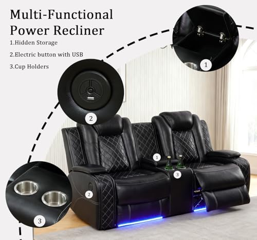 SITYRUBE Power Leather Recliner Sofa Set with LED Lights, Power Reclining Couch Set，Leather Living Room Sofa 3 Pieces with Coffee Table/Cup Holder for House/Home Theater(Black,6 Seater)