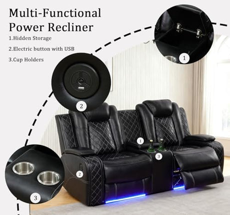 SITYRUBE Power Leather Recliner Sofa Set with LED Lights, Power Reclining Couch Set，Leather Living Room Sofa 3 Pieces with Coffee Table/Cup Holder for House/Home Theater(Black,6 Seater) SITYRUBE