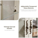 Curio Cabinet with Glass Doors Drawer, Lighted Display Cabinet with Adjustable Glass Shelves and Mirrored Back Panel, Retro Floor Standing Glass Storage Cabinet for Living Room, Antique White BAOMKONG