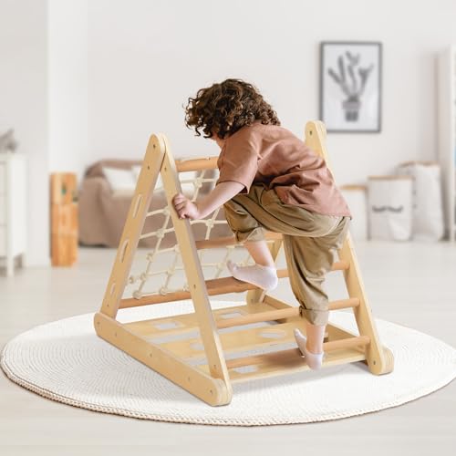 OOOK 3 in 1 Climbing Toy for Toddlers, 3-Side Kids Climbing Triangle Ladder, Climbing Net & Board, Wooden Montessori Climbing Toys for Toddlers Daycare, Gym & Playground, Gift for Boys Girls OOOK