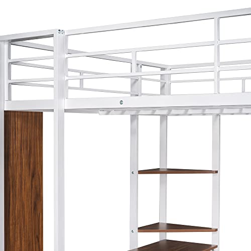 Bellemave Full Size Metal Loft Bed with Desk and Storage Shelves,Heavy Duty Loft Bed Frame with Safety Guardrail for Kids Teens Adults,Space Saving,White Bellemave