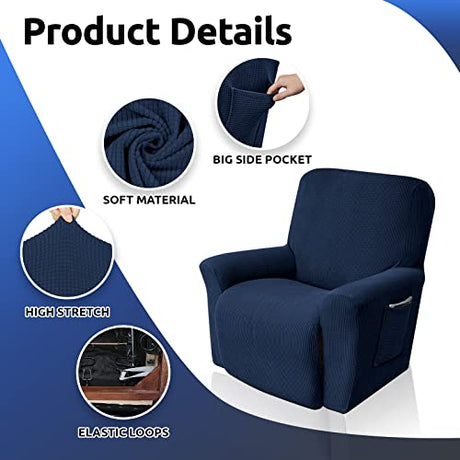 KEKUOU Recliner Chair Covers,Lazy Boy Recliner Covers Stretch Couch Cover Slipcovers 1 Piece Furniture Protector with Elastic Bottom for Dog,Kids.(Recliner, Navy Blue) KEKUOU