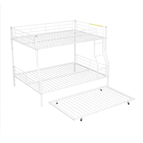 Bellemave Full XL Over Queen Metal Bunk Bed with Trundle, Bunk Bed Frame with Ladder and Safety Rails for Kids Triple Metal Bunk Can be Divided into Two beds, White Bellemave