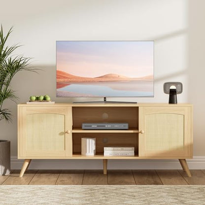 DIYART Oak TV Stand for 60 Inch TV, Wooden Mid Century Modern Entertainment Center with Natural Rattan Door, Boho Media TV Console for Living Room - WoodArtSupply