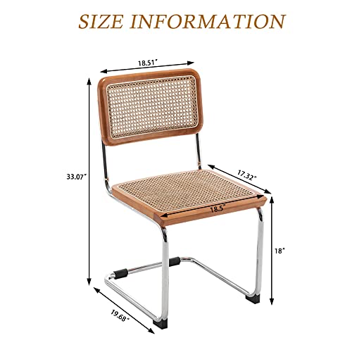 Alunaune Modern Mid Century Dining Chairs Set of 2, Upholstered Natural Rattan Kitchen Chairs Accent Chair, Armless Side Chairs with Metal Chrome Legs for Bedroom Living Room-Brown Alunaune